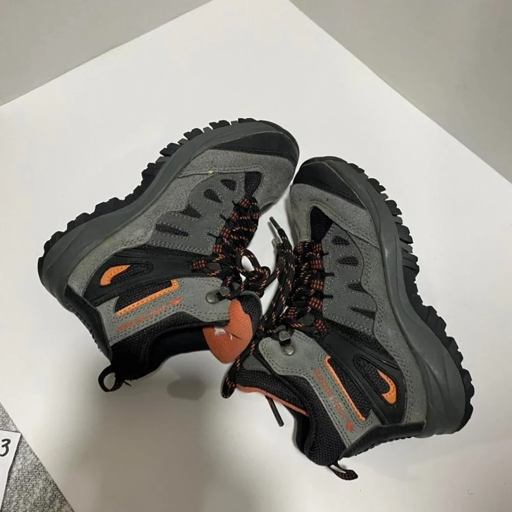 High Sierra grey hiking boots with black/orange accents. Kids US 13. SKU-A523